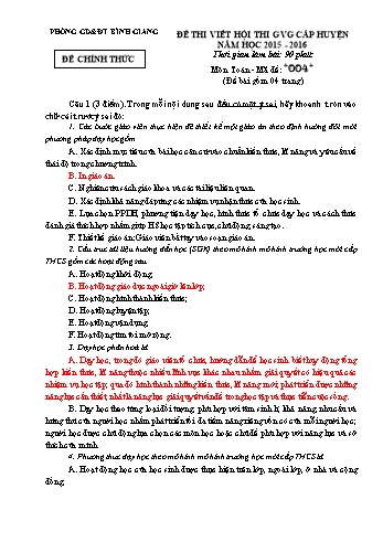 Đề thi viết hội thi giáo viên giỏi cấp huyện môn Toán - Năm học 2015-2016 - Phòng GD&ĐT Bình Giang - Đề số 004 (Có đáp án)