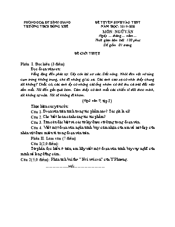 Đề tuyển sinh vào THPT môn Ngữ văn - Năm học 2019-2020 - Trường THCS Hồng Khê (Có đáp án)