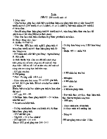 Giáo án môn Toán Lớp 2 - Tiết 71: 100 trừ đi một số