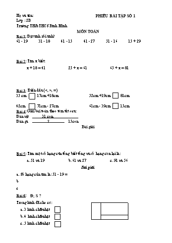 Phiêu bài tập số 1 môn Toán, Tiếng Việt Lớp 2 - Trường TH&THCS Bình Minh