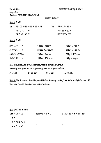 Phiêu bài tập số 2 môn Toán, Tiếng Việt Lớp 2 - Trường TH&THCS Bình Minh
