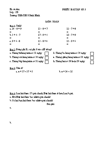 Phiêu bài tập số 3 môn Toán, Tiếng Việt Lớp 2 - Trường TH&THCS Bình Minh