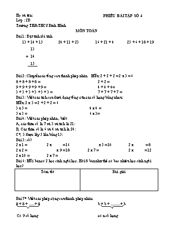 Phiêu bài tập số 4 môn Toán Lớp 2 - Trường TH&THCS Bình Minh