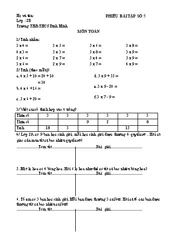 Phiêu bài tập số 5 môn Toán, Tiếng Việt Lớp 2 - Trường TH&THCS Bình Minh
