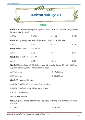 Bộ 10 đề thi cuối học kì I Toán Lớp 2