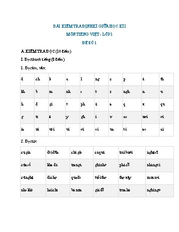 Bộ 4 đề ôn tập giữa kì I môn Tiếng Việt Lớp 1