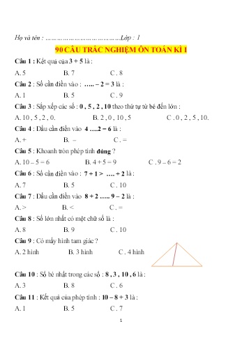 Bộ 90 câu trắc nghiệm ôn học kì I môn Toán 1