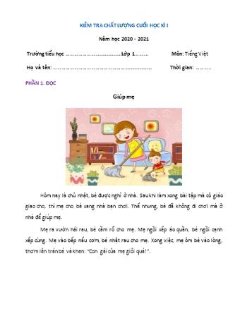 Đề kiểm tra chất lượng cuối học kì I Tiếng Việt Lớp 1 (Đề 3) - Năm học 2020-2021