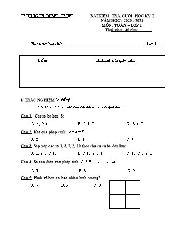 Đề kiểm tra cuối học kì I Toán Khối 1 - Trường TH Quang Trung