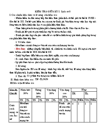 Đề kiểm tra định kì giữa kì I môn Lịch sử Lớp 8 (Có đáp án)