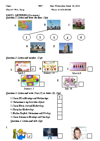 Đề thi học kì I Tiếng Anh Lớp 4 - Đề số 2 (Kèm đáp án)