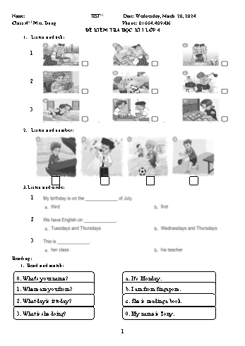 Đề thi học kì I Tiếng Anh Lớp 4 - Đề số 6 (Có đáp án)