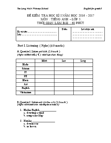 Đề thi học kì I Tiếng Anh Lớp 5 - Đề số 3 (Có đáp án)