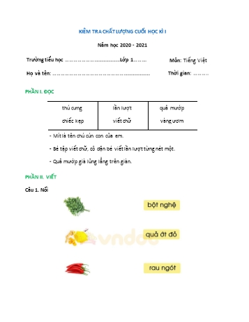 Đề thi học kì I Tiếng Việt Lớp 1 (Cánh diều) - Năm học 2020-2021 (Đề số 3)