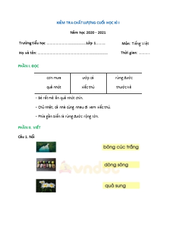 Đề thi học kì I Tiếng Việt Lớp 1 (Cánh diều) - Năm học 2020-2021 (Đề số 5)