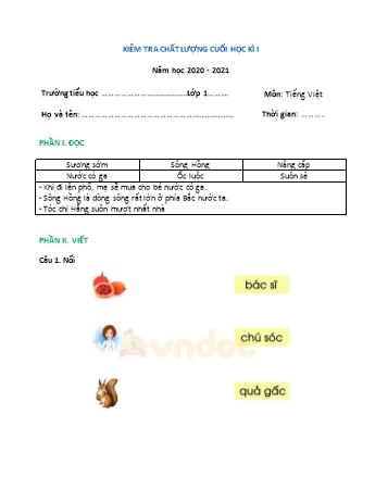 Đề thi học kì I Tiếng Việt Lớp 1 (Cánh diều) - Năm học 2020-2021 (Đề số 1)
