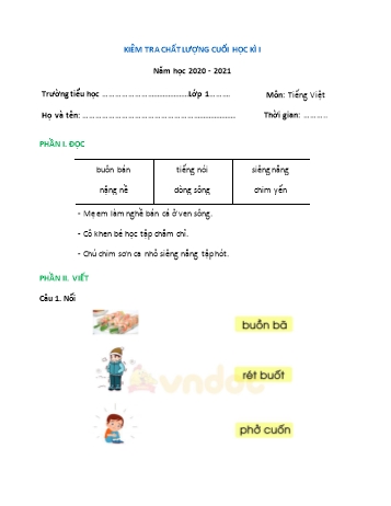 Đề thi học kì I Tiếng Việt Lớp 1 (Cánh diều) - Năm học 2020-2021 (Đề số 4)