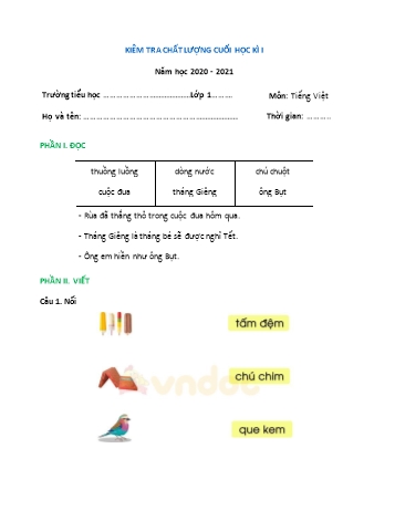 Đề thi học kì I Tiếng Việt Lớp 1 (Cánh diều) - Năm học 2020-2021 (Đề số 2)