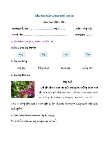 Đề thi học kì I Tiếng Việt Lớp 1 (Sách Cùng học PTNL) - Năm học 2020-2021 (Đề số 2) Đề thi học kì I Tiếng Việt Lớp 1 (Sách Cùng học PTNL) - Năm học 2020-2021 (Đề số 2)