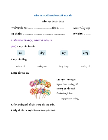 Đề thi học kì I Tiếng Việt Lớp 1 (Sách Cùng học PTNL) - Năm học 2020-2021 (Đề số 3) Đề thi học kì I Tiếng Việt Lớp 1 (Sách Cùng học PTNL) - Năm học 2020-2021 (Đề số 3)