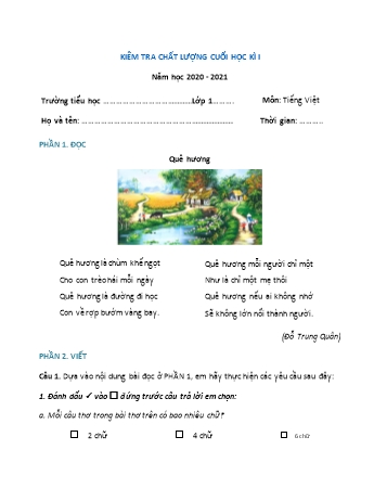 Đề thi học kì I Tiếng Việt Lớp 1 (Vì sự bình đẳng) - Năm học 2020-2021 (Đề số 3) Đề thi học kì I Tiếng Việt Lớp 1 (Vì sự bình đẳng) - Năm học 2020-2021 (Đề số 3)