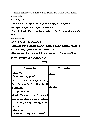 Giáo án Đạo đức Lớp 1 (Kết nối tri thức) - Bài 21: Không tự ý lấy và sử dụng đồ của người khác