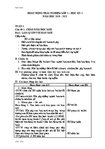 Giáo án Hoạt động trải nghiệm Lớp 1 - Học kì I - Năm học 2020-2021