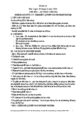 Giáo án Hoạt động trải nghiệm Lớp 1 - Tuần 13, Chủ đề 4: An toàn cho em - Trần Thị Thanh Hương