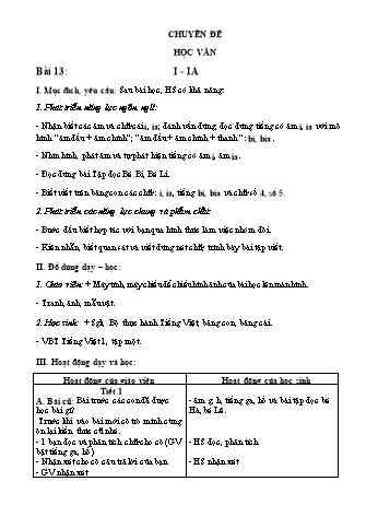 Giáo án Tiếng Việt Khối 1 (Cánh diều) - Chuyên đề Học vần, Bài 13: I, ia