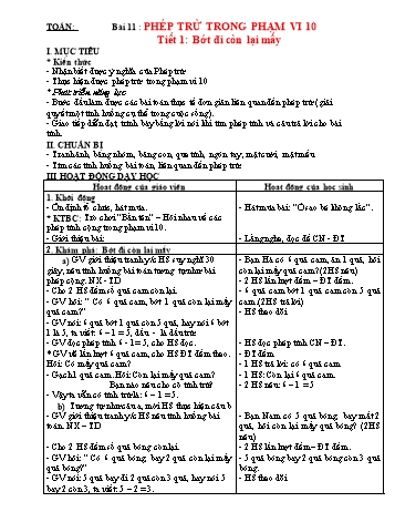 Giáo án Toán Lớp 1 - Bài 11: Phép trừ trong phạm vi 10 (Tiết 1)