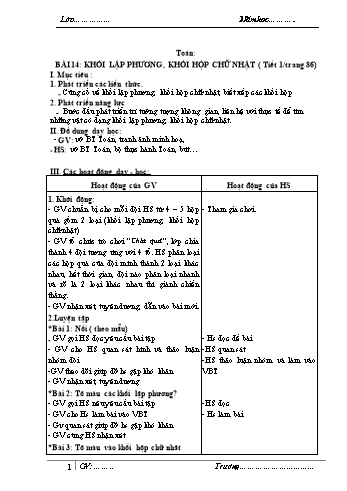 Giáo án Toán Lớp 1 - Bài 14: Khối lập phương, khối hộp chữ nhật - Huỳnh Thị Diệu Thúy