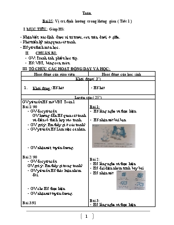 Giáo án Toán Lớp 1 - Bài 15: Vị trí, định hướng trong không gian - Huỳnh Thị Diệu Thúy