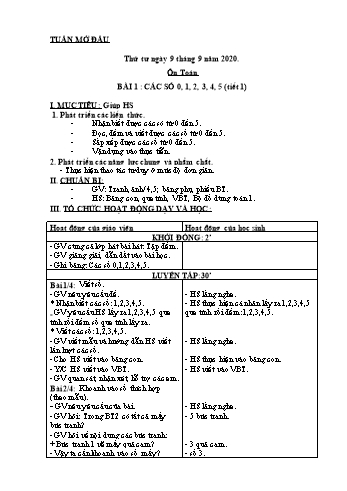 Giáo án Toán Lớp 1 - Tuần 1 đến Tuần 5 - Năm học 2020-2021