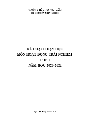 Kế hoạch dạy học môn Hoạt động trải nghiệm Lớp 1- Năm học 2020-2021