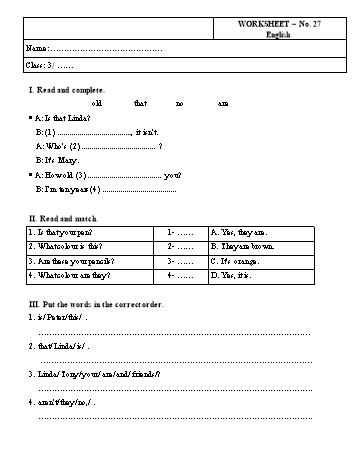 Phiếu bài tập Tiếng Anh Lớp 3 - Phiếu số 27 Phiếu bài tập Tiếng Anh Lớp 3 - Phiếu số 27