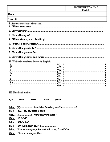 Phiếu bài tập Tiếng Anh Lớp 3 - Phiếu số 5