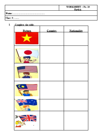 Phiếu bài tập Tiếng Anh Lớp 4 - Phiếu số 10