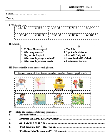 Phiếu bài tập Tiếng Anh Lớp 4 - Phiếu số 1