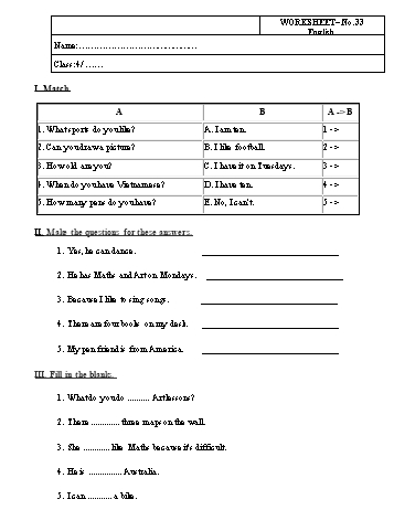 Phiếu bài tập Tiếng Anh Lớp 4 - Phiếu số 33