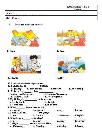 Phiếu bài tập Tiếng Anh Lớp 4 - Phiếu số 8