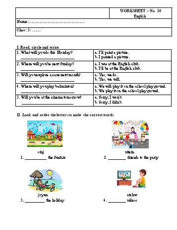 Phiếu bài tập Tiếng Anh Lớp 5 - Phiếu số 10