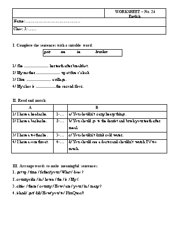 Phiếu bài tập Tiếng Anh Lớp 5 - Phiếu số 24