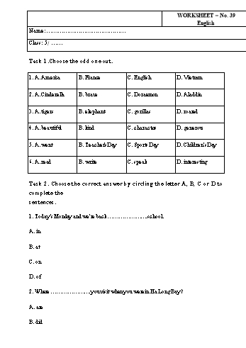 Phiếu bài tập Tiếng Anh Lớp 5 - Phiếu số 39