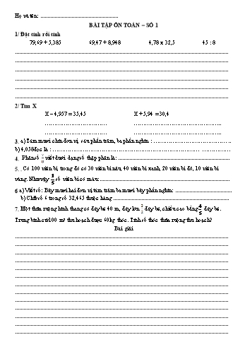 Bài tập ôn lần 4 môn Toán Lớp 5