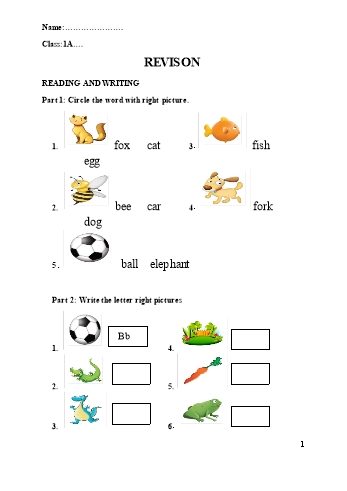 Bài tập Tiếng Anh Lớp 1 - Từ 16/3 đến 27/3