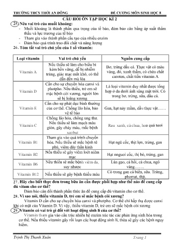 Đề cương ôn tập học kì 2 môn Sinh học Lớp 8 - Trường THCS Thới An Đông