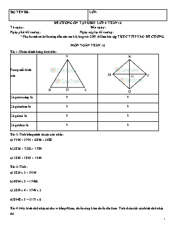 Đề cương ôn tập Khối lớp 4 - Tuần 10 - Năm học 2021-2022
