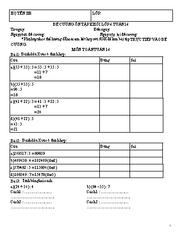 Đề cương ôn tập Khối lớp 4 - Tuần 14 - Năm học 2021-2022