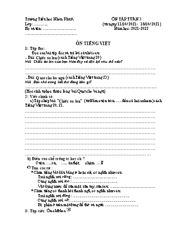 Đề ôn tập Tiếng Việt, Toán Lớp 3 - Tuần 3 - Năm học 2021-2022 - Trường Tiểu học Nhơn Phú A Đề ôn tập Tiếng Việt, Toán Lớp 3 - Tuần 3 - Năm học 2021-2022 - Trường Tiểu học Nhơn Phú A