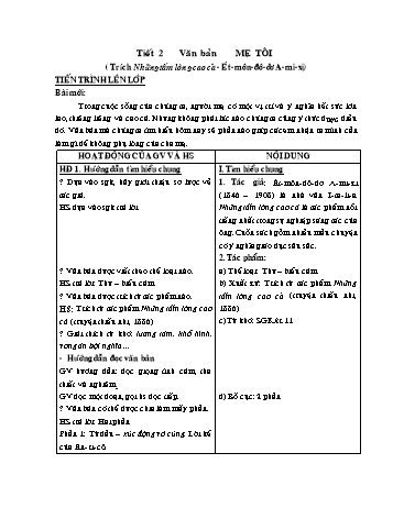 Kế hoạch bài dạy Ngữ văn Lớp 6 - Tiết 2: Văn bản: Mẹ tôi (Trích Những tấm lòng cao cả - Ét-môn-đô-dơ A-mi-xi)